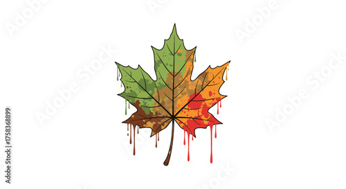 A colorful autumn maple leaf with dripping paint suggesting fall colors.