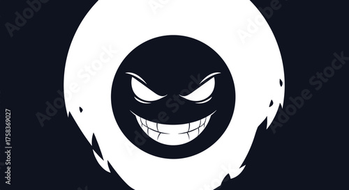 An illustrated scary ghost face with glowing eyes and a wide grin against a dark background.
