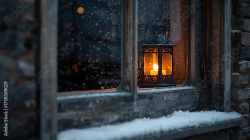 Cozy Lantern Light Shining Through a Snowy Winter Window