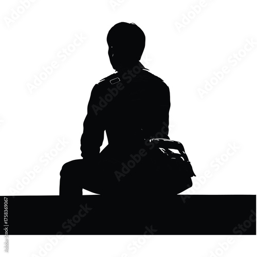 Silhouette of person sitting with bag on ledge against white background in back view shot