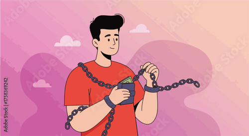 Financial bondage A man shackled with chains and money, symbolizing debt and financial stress