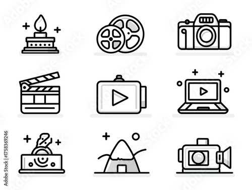Minimalist Vector Icon Set for Photography and Video Production with Camera Equipment and Film Elements