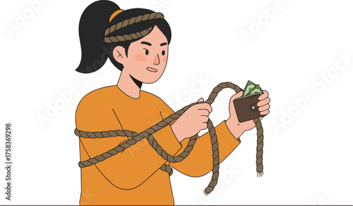 Illustration of a woman tied up with rope struggling to open her wallet, symbolizing financial hardship and debt