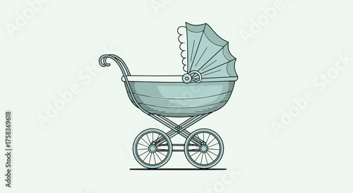 An artistic illustration of a vintage style baby carriage on wheels.