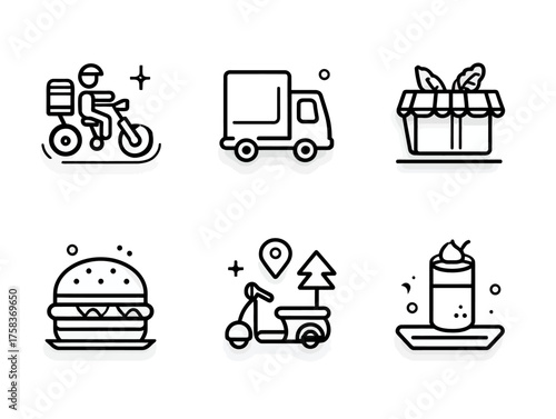 Vector Icon Set of Food Delivery and Fast Food Elements in Minimalist Style with Black Outline