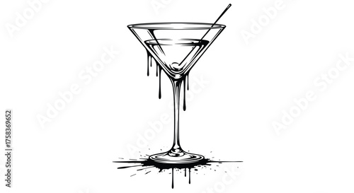 A chilling cocktail glass with dark liquid dripping down its stem and splashing on the surface below.