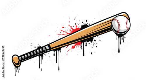 A sports illustration featuring a wooden baseball bat with a baseball positioned at its end, accompanied by vibrant splatters and drips of paint creating a dynamic visual effect.