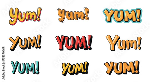 A collection of the word yum written in various fun and colorful fonts and styles.
