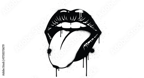 A close up graffiti style black and white illustration of a pair of lips with the tongue sticking out.