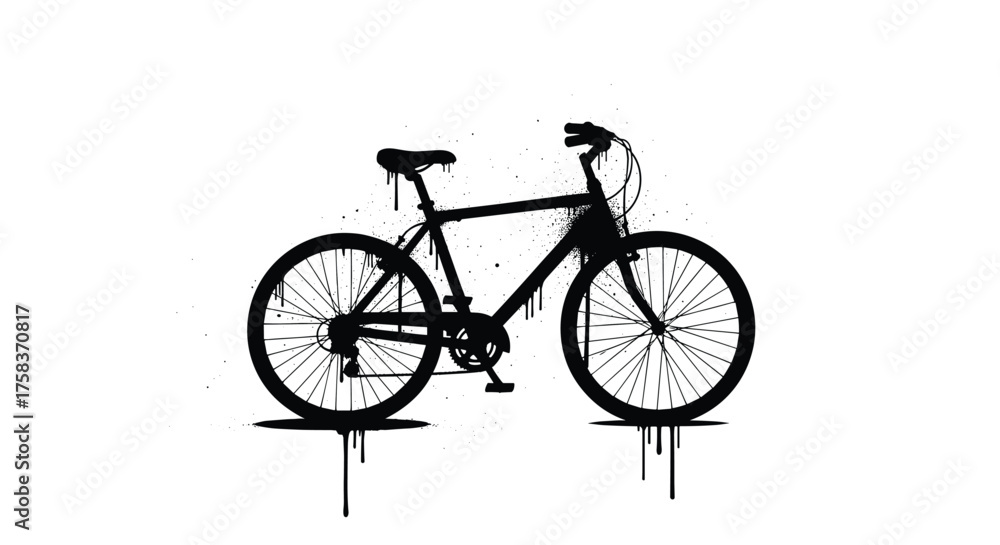 Fototapeta premium An abstract black silhouette of a mountain bike with a splatter paint effect over a white background.