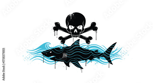 A fearsome shark and a skull and crossbones flag symbolize maritime danger and adventure.