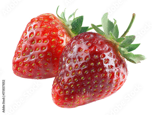 Two Ripe Strawberries on Transparent Backdrop: Berry Harvest, Summer Delicacy, Fresh Fruit Nutrition, Gourmet Dessert, Food Ingredient, Vibrant Red, Ready to Use Design Element