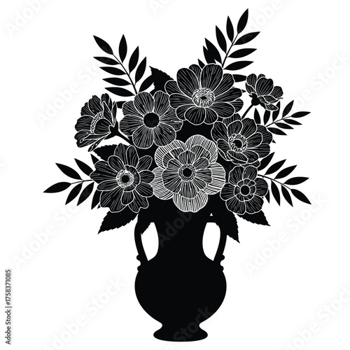 A black and white illustration of a vase filled with flowers and leaves on a white background silhouette