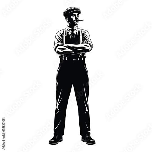 Full body monochrome illustration of a man with suspenders and a cap with arms crossed silhouette