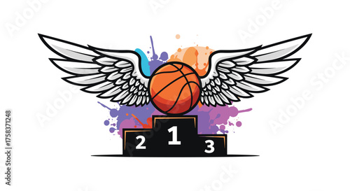 A basketball sits on a podium beneath majestic wings with colorful splatters in the background.