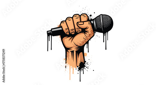 A powerful fist holding a retro microphone with dripping paint effects.