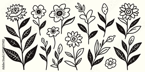 Explore a whimsical garden with cute hand-drawn flowers in a lively black and white illustration