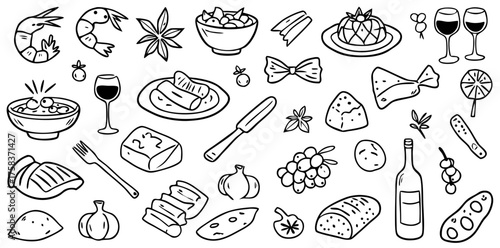 Delightful spread of hand-drawn food and drinks featuring shrimp, salads, and desserts in cheerful black and white style