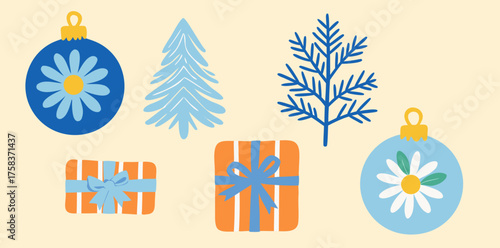 Colorful hand-drawn Christmas ornaments and gifts bringing festive cheer during winter celebrations