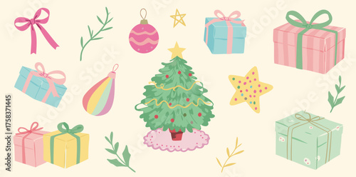 Holiday joy comes alive with colorful gifts and a cheerful Christmas tree in a charming hand-drawn style