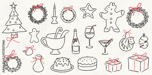 Cute handdrawn holiday decorations with festive drinks and treats for a joyful celebration