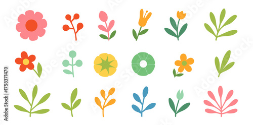 Fun and colorful hand-drawn flowers and leaves in a cheerful display for garden lovers and art enthusiasts