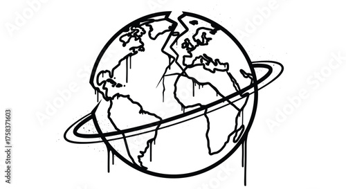 An artistic representation of a cracked and melting globe with orbital rings suggesting a global environmental crisis.
