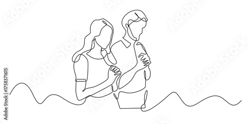 Continuous line art of a Christian couple praying together with faith and devotion. Minimalist one line drawing symbolizing hope, love, and spiritual connection in worship and unity before God.