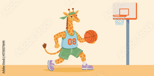 Giraffe in a sports jersey plays basketball on a sunny court, showcasing fun athleticism and cute charm with a handdrawn style