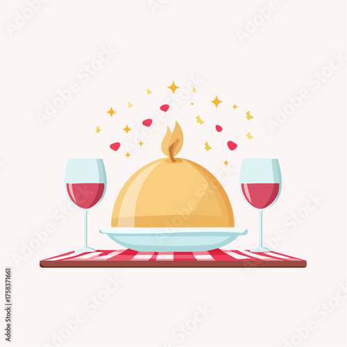 Romantic dinner cloche served with wine