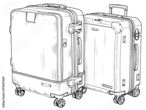 Hand-Drawn Style Luggage Set on Wheels: Vintage-Inspired Illustration of Suitcases for Travel and Exploration, Complete with Handles, Locks and a Clear Backdrop