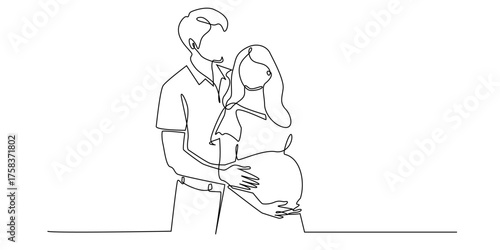 Continuous line of a pregnant couple embracing lovingly. Minimalist family illustration that symbolizes the role of parents, care, motherhood, and togetherness in a single line drawing.