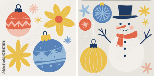 Charming winter scene with a hand-drawn snowman, colorful ornaments, and cheerful flowers celebrating the festive season