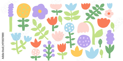 Vibrant hand-drawn floral patterns showcasing a cheerful array of diverse flowers and plants in delightful colors and shapes