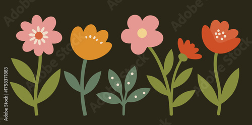 Colorful handdrawn flowers in a whimsical garden setting showcasing springtime charm and playful design