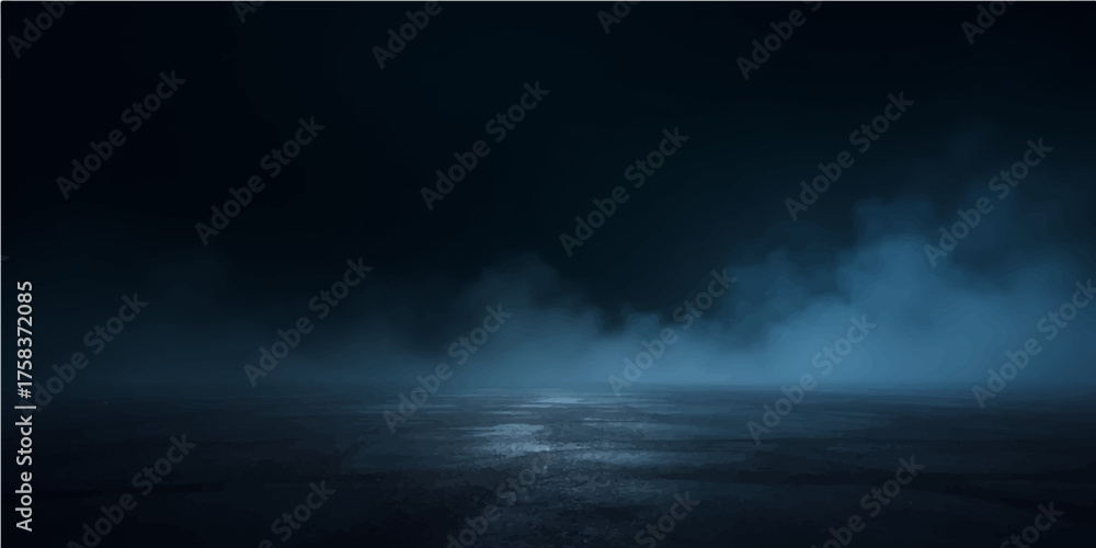 Fototapeta premium Mysterious dark forest with ethereal blue mist and shimmering moonlight on water