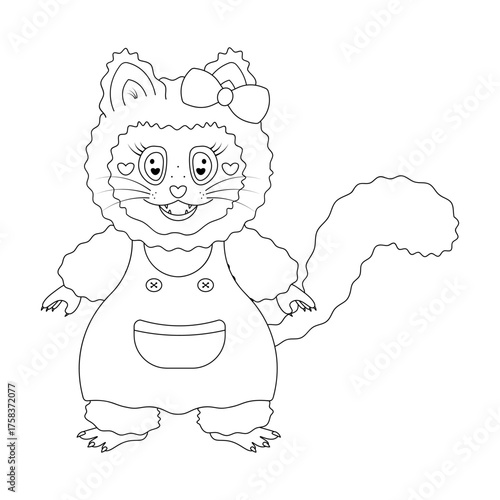 Female cat in a sundress. Cute kitten with a bow on the ear.  Vector illustration. Fluffy cat in a dress with straps with buttons and a pocket, hearts in the eyes, with fangs, whiskers and a tail.