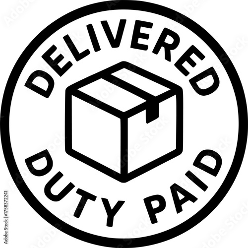 Delivered Duty Paid stamp, minimalist vector logo design, DDP customs free delivery label, duty-free shipping sign, clean typography badge for international trade and e-commerce