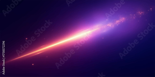Bright orange and purple light streak across a dark cosmic background with subtle star like particles