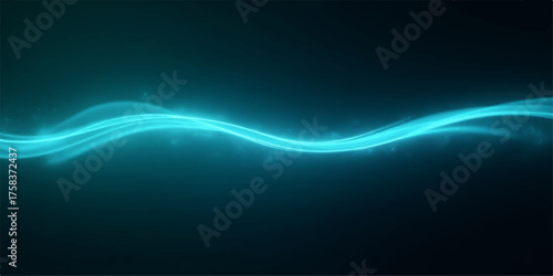 Abstract glowing turquoise wave of light energy flowing through dark space