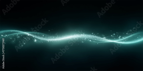 Abstract glowing teal wave of energy with particles on a dark background