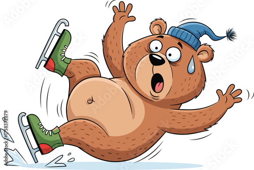Funny ice skating bear cartoon slipping on ice, cute winter animal wearing blue hat and green skates in hilarious fall