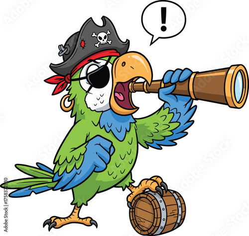 Funny pirate parrot cartoon with telescope, cute green bird wearing pirate hat and eyepatch shouting “ahoy” while standing on barrel