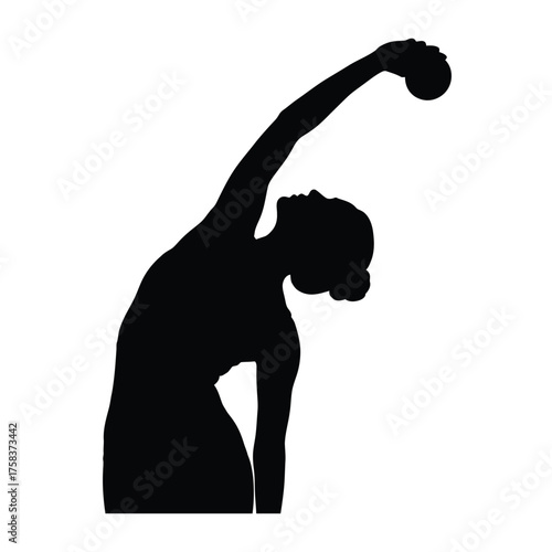 Silhouette of a woman in a rhythmic gymnastics pose with a ball held overhead and arched back