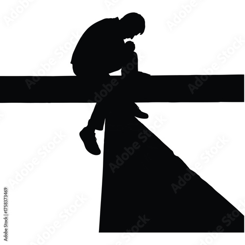 Silhouette of a person sitting on a ledge with head down in a contemplative or sad posture