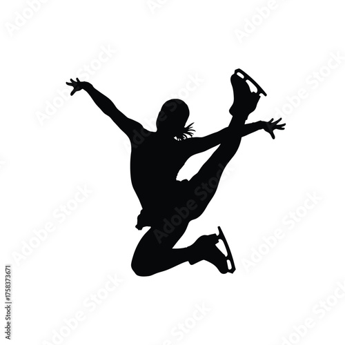 Silhouette of a figure skater performing a bielmann spin in the air on a white background