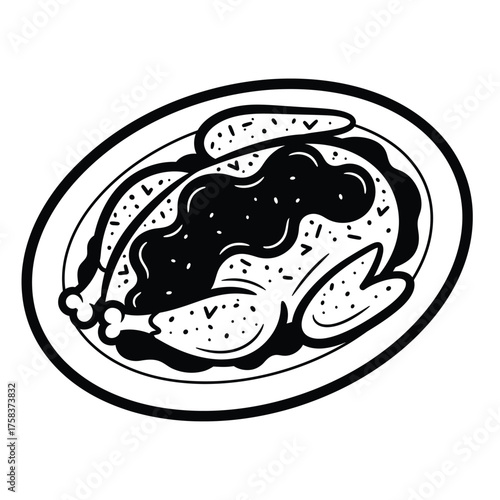 A black and white drawing of a roasted turkey covered in gravy on an oval shaped platter dish silhouette