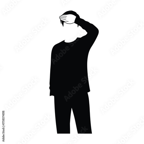 Silhouette of a person in black long sleeve shirt and pants shielding eyes with hand forward