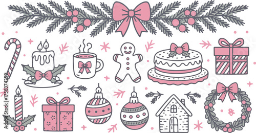 Christmas themed doodle illustration set art christmas, doodle, illustration, art, candy cane, candle, gingerbread man, gift, ornament, wreath, cake, house