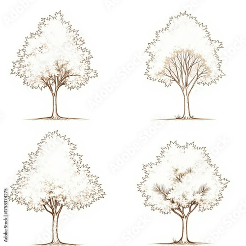 study, realistic sketch, detailed trees, park trees, different tree shapes, architectural trees, sketchbook art, line 